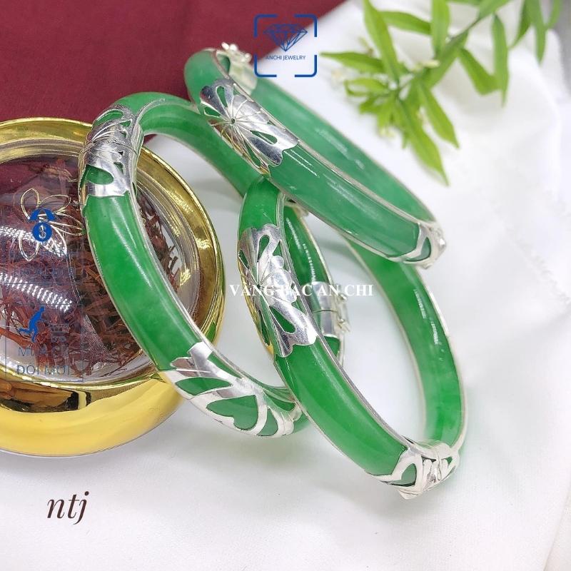 Vòng tay ngọc xanh liền khối bản đũa bọc bạc, Anchi jewelry
