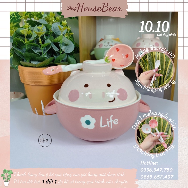Nồi Úp Mì bằng sứ hình chú heo hồng dễ thương, thiết kế dày dặn / nặng tay, nắp đậy có thể làm bát ăn