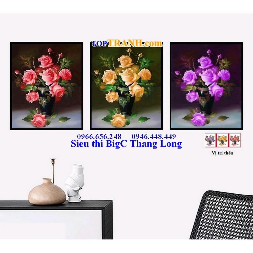 Tranh thêu chữ thập bình hoa hồng đỏ,hồng vàng,hồng màu tím DT8454 (tranh treo cầu thang, phòng khách) chưa thêu
