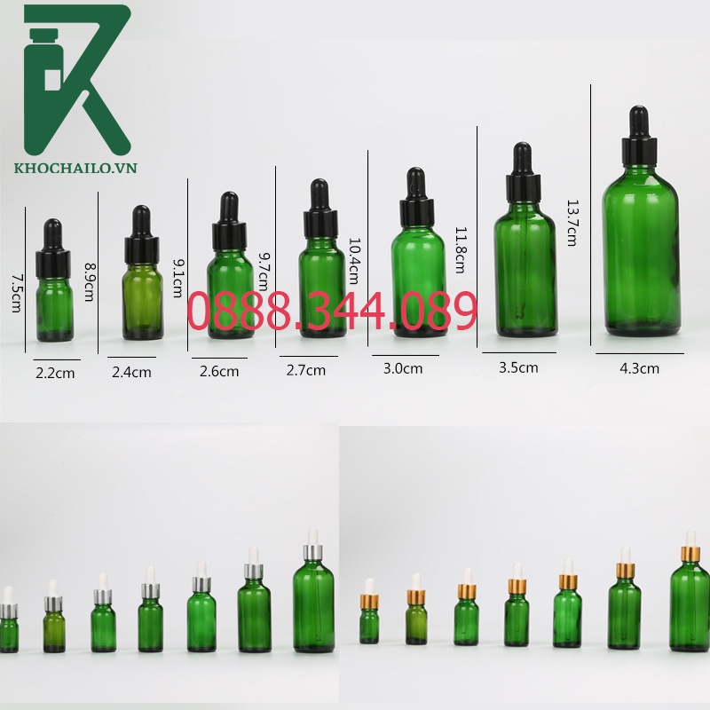 Chai thủy tinh,tinh dầu,serum xanh lá khoen đen trơn bóp đen ống thủy tinh 10ml,20ml
