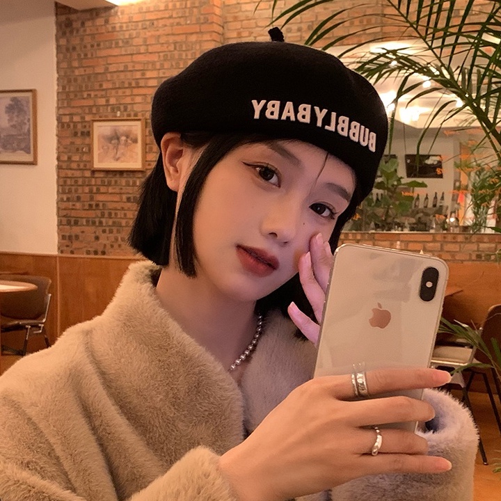 Mũ Beret Dệt Kim Màu Đen In Chữ Phong Cách Nhật Bản Thời Trang Thu Đông Cho Nữ