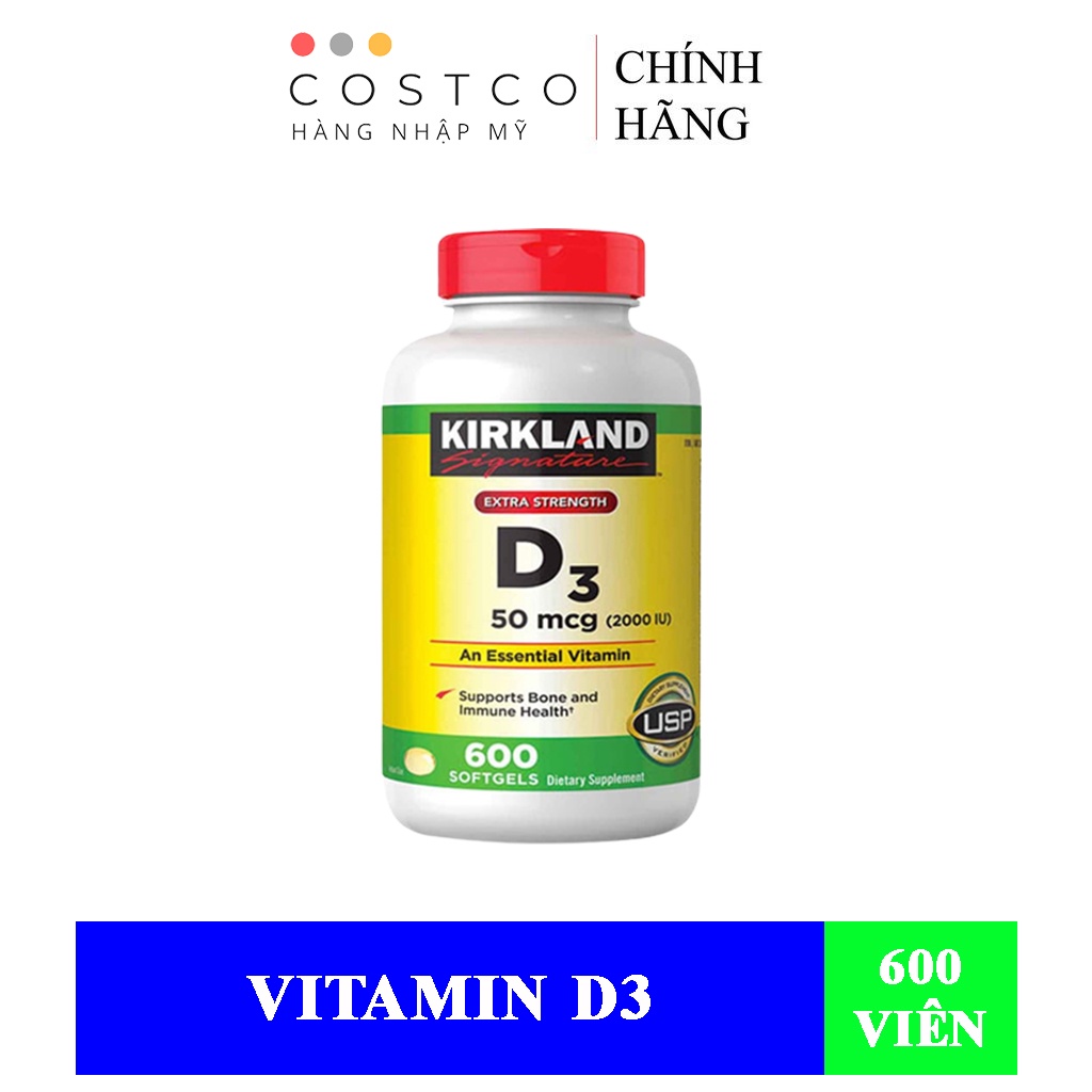 Viên Uống Bổ Sung Vitamin D3 Kirkland Extra Strength D3 50mcg (2000 IU) (1 Hủ/600 Viên)