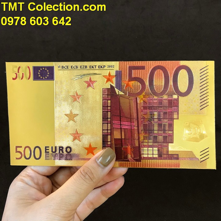 Tiền 500 EURO mạ vàng; Tờ tiền màu vàng ánh kim sáng bóng; Dài 16cm, rộng 8cm- SP000146