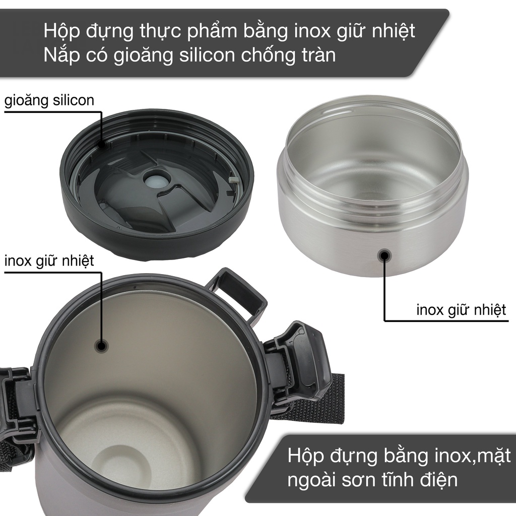 Cà men hộp cơm giữ nhiệt LEBENLANG LBT856 bằng inox, gồm 4 khay riêng biệt dung tích 2.2L - hàng chính hãng