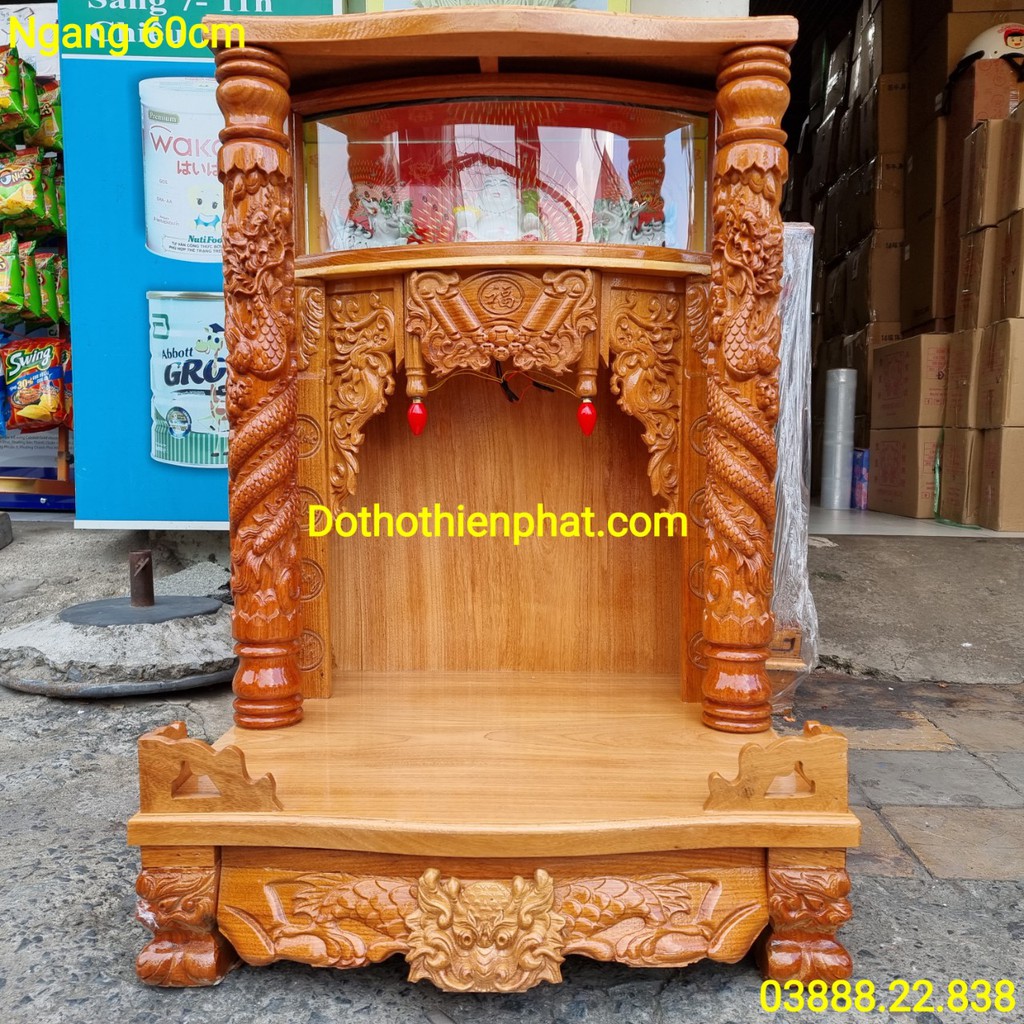 Bàn thờ thần tài ông địa gỗ căm xe mặt gỗ gõ đỏ ngang 60cm mẫu mới rất đẹp