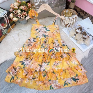 Váy bé gái, váy maxi lụa 2 dây, vai đính hoa, chất lụa tằm, cho bé từ 13-32kg