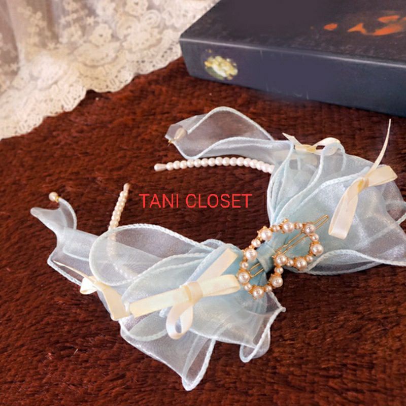 Băng Đô Lolita Trái Tim Đính Ngọc Nơ Organza