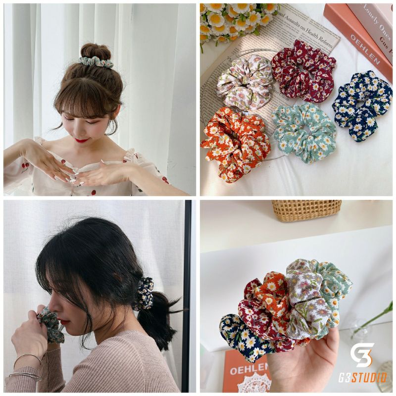 Dây cột tóc scrunchies hoạ tiết hoa dễ thương