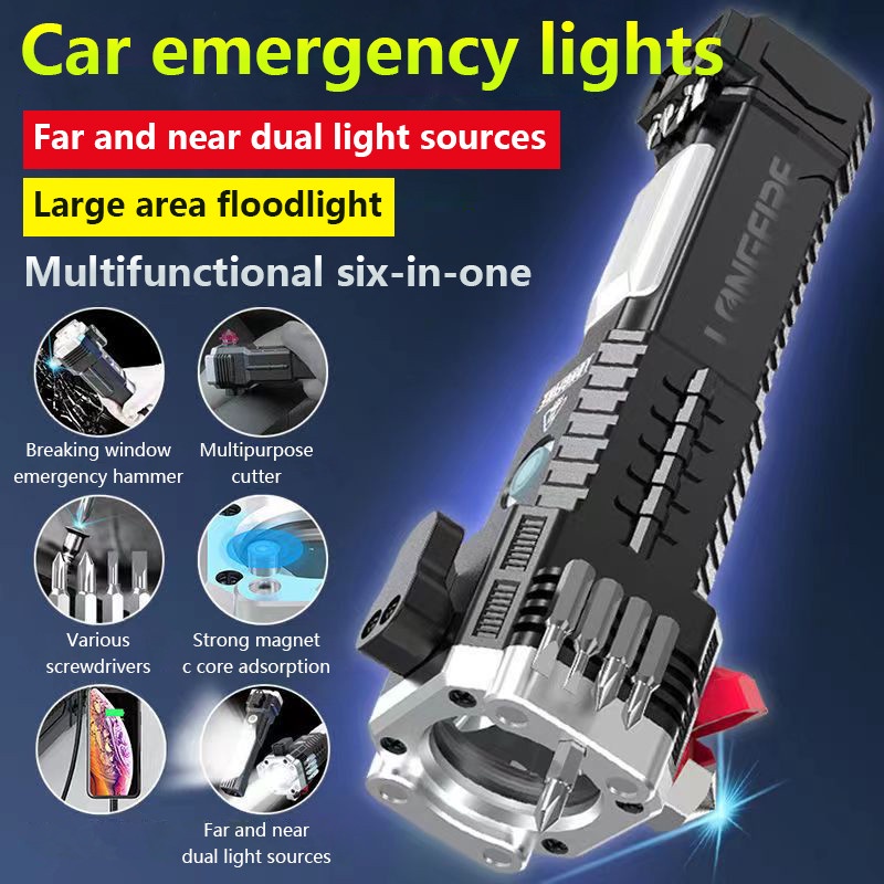 Búa Thoát Hiểm Khẩn Cấp Có Đèn Pin 6 Trong 1 Đa Năng Cho Xe Hơi