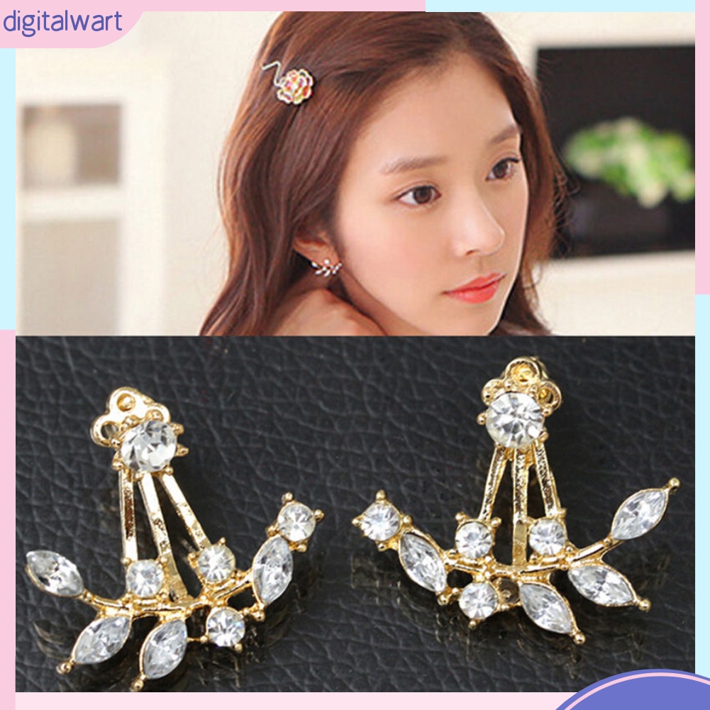 Cặp khuyên tai thiết kế hình lá đính hạt kim cương nhân tạo sang trọng lấp lánh dành cho nữ