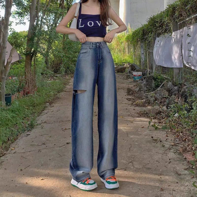 Quần Jean Lưng Cao Ống Rộng Màu Gradient Dễ Phối Đồ Thời Trang Mùa Hè Cho Nữ