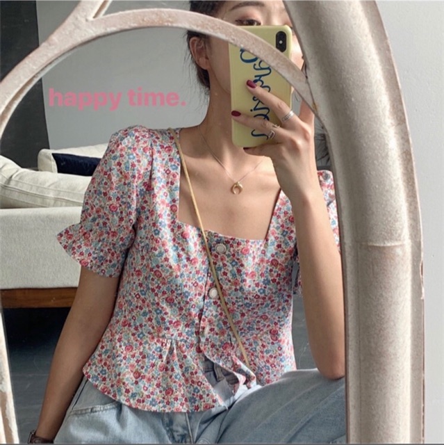 Áo Sơ Mi Cổ Vuông In Họa Tiết Hoa Xinh Xắn Nhiều Màu (hình shop tự chụp/sẵn)