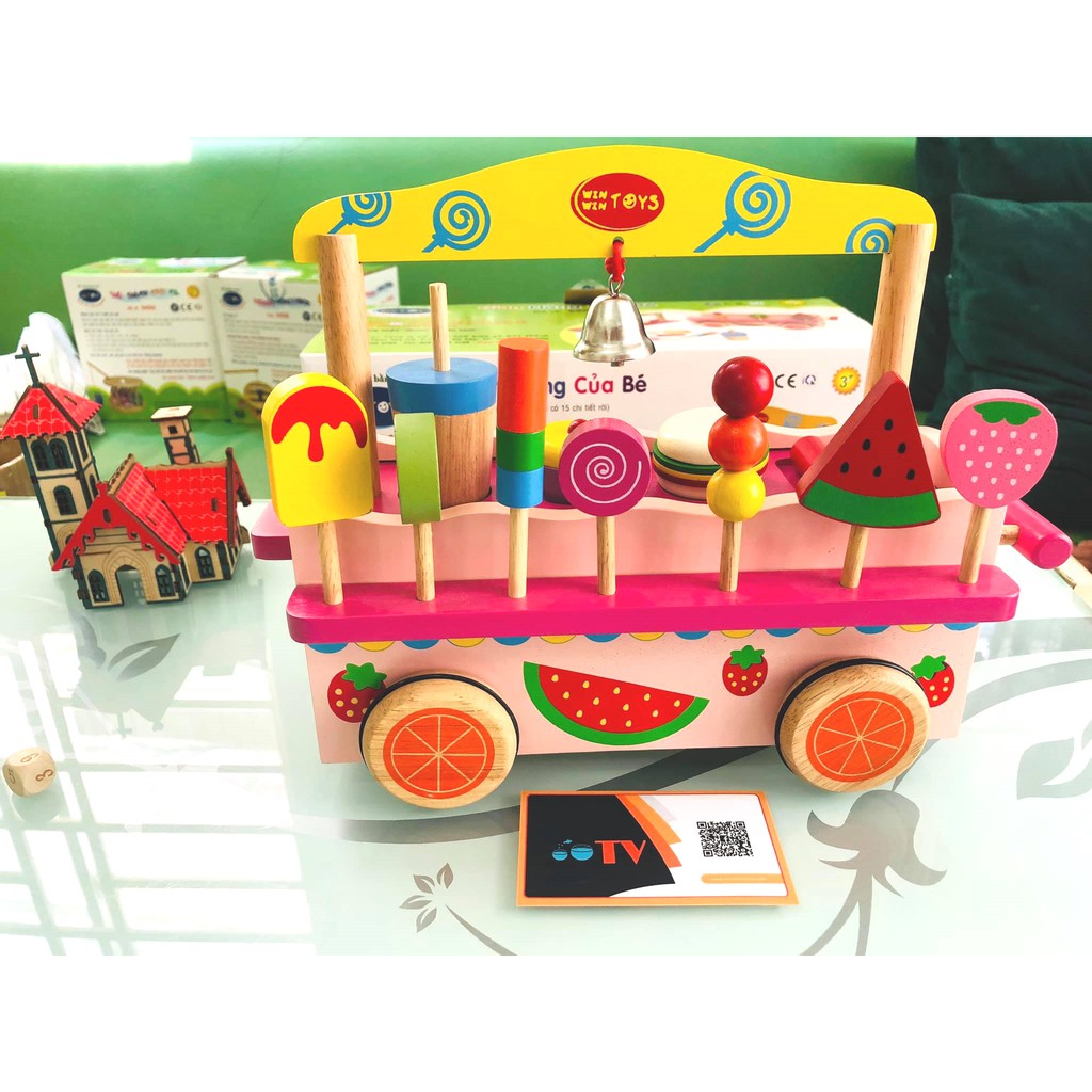 Đồ chơi quầy bán hàng Việt Nam | Bộ gian hàng cho bé Winwintoys | Quầy bán kẹo kem trà sữa dưa hấu dây tây bằng gỗ