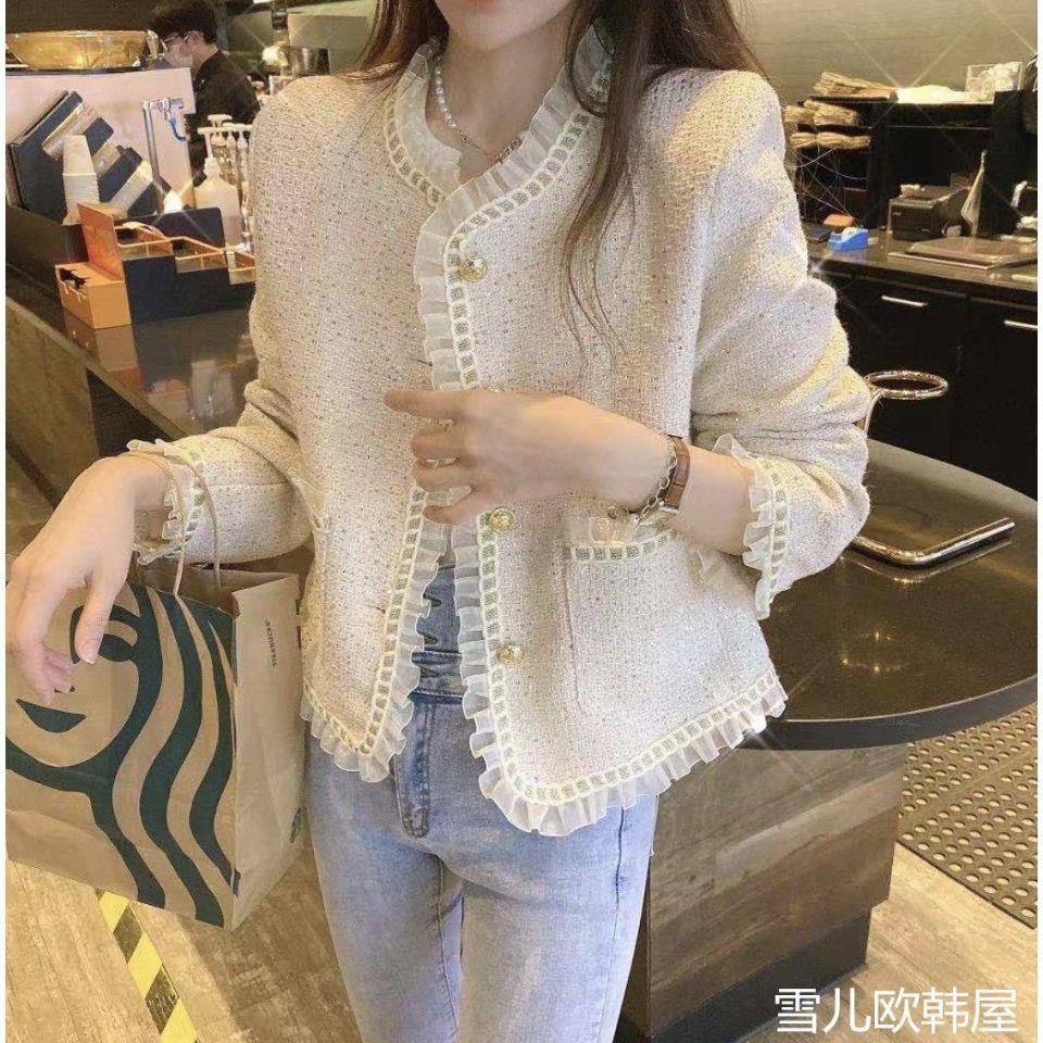 Áo Khoác Ngắn Vải tweed Phối Lưới Phong Cách retro Mùa Thu Cho Nữ