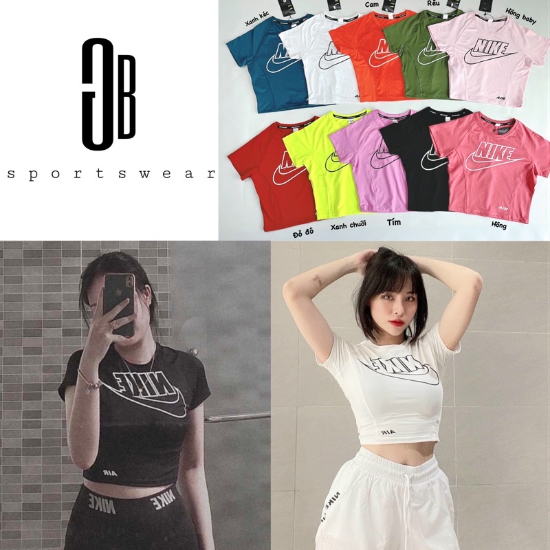 Áo croptop cộc ngắn tay ôm dáng in chữ tập gym yoga aerobic đi chơi đều xinh nhiều màu