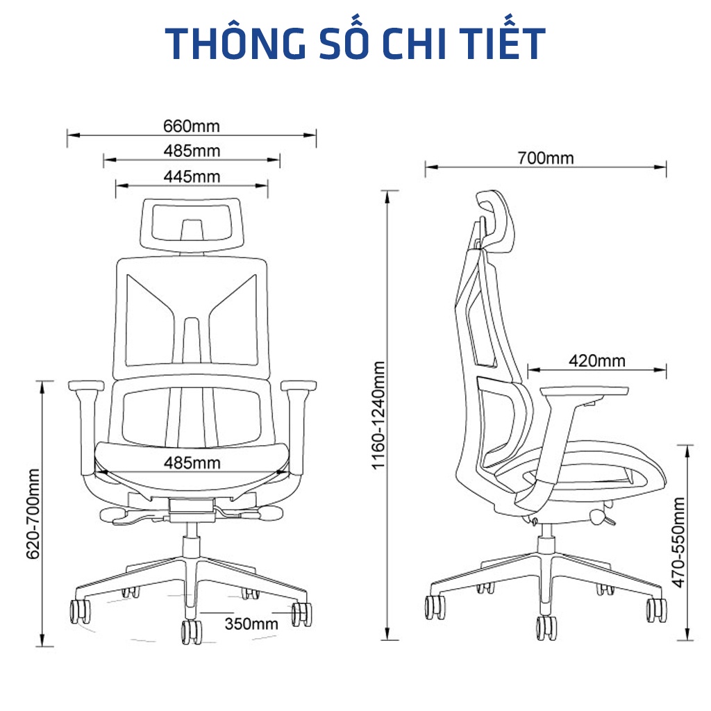 Ghế công thái học Ergonomic GOVI Felix F6226A - Tựa đầu điều chỉnh độ cao, tựa tay 3D nâng hạ, mâm ghế ngả 3 vị trí