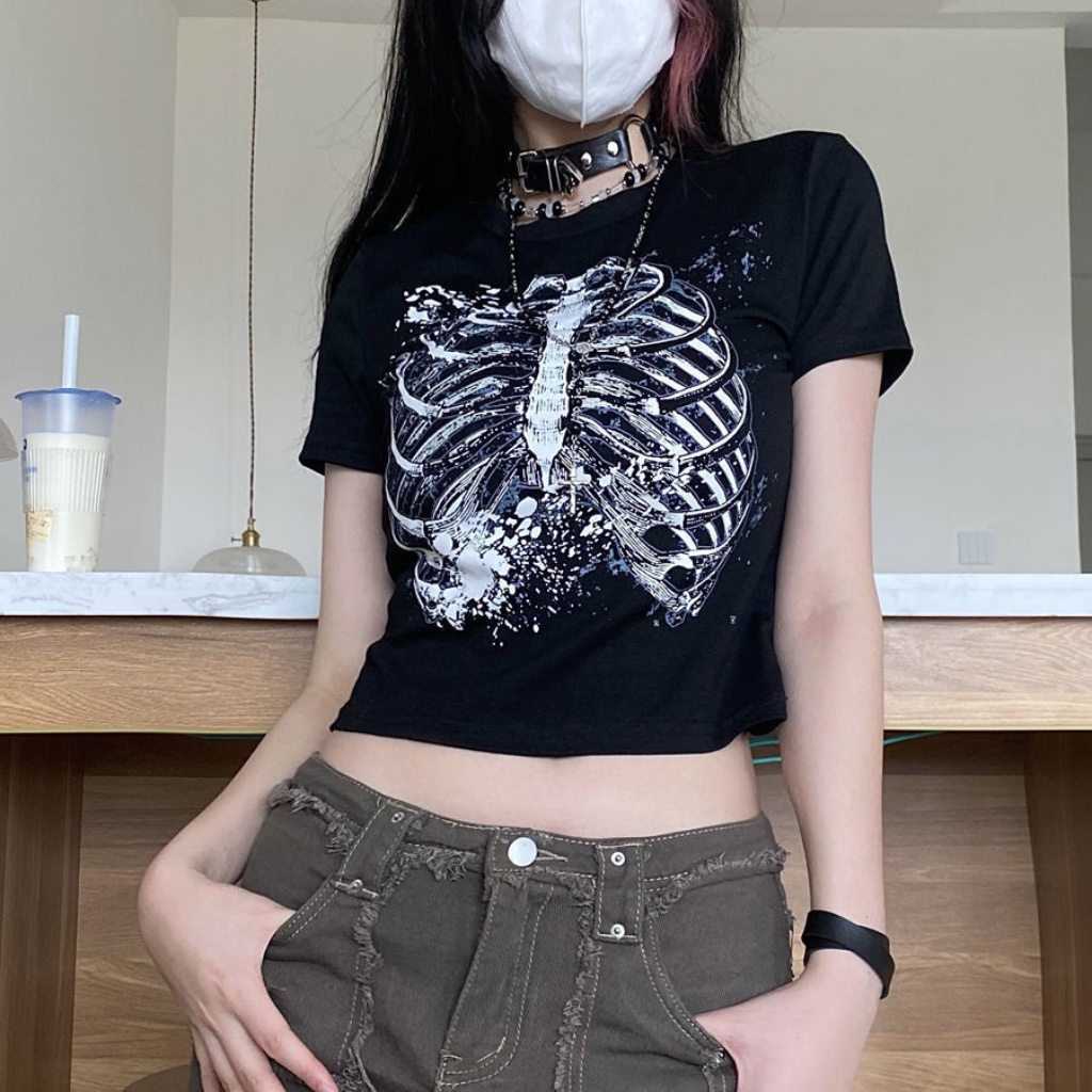 Áo croptop âu mỹ, áo croptop nữ kiểu ngắn hở bụng cá tính thun màu ĐEN TRẮNG in hình