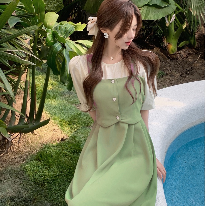 Đầm Chữ A Giả Hai Mảnh Dáng Dài Vừa Vặn Phong Cách Pháp Thiết Kế Mới Mùa Hè Dành Cho Bạn Nữ