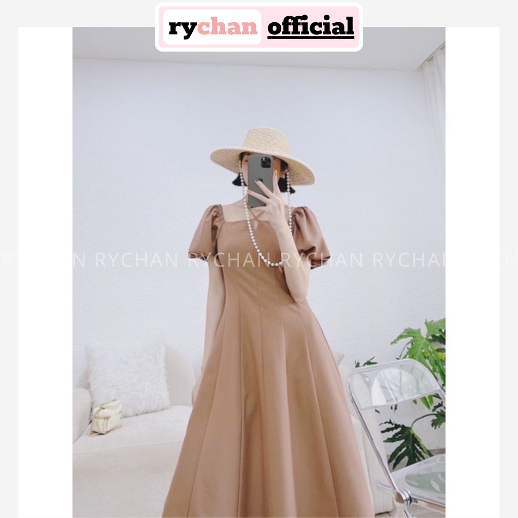 Đầm Nữ Dự Tiệc Cổ Vuông Tay Ngắn Phồng Dây Cổ Cực Khí Chất, Đầm Dài Xòe Kem Đậm - DX9772