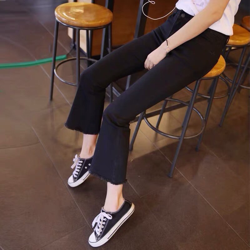 [ HÀNG HOT ] Quần Jeans Nữ Ống Loe Cạp Cao Đen  Trơn Gấu Tua CT Jeans Siêu Co Dãn