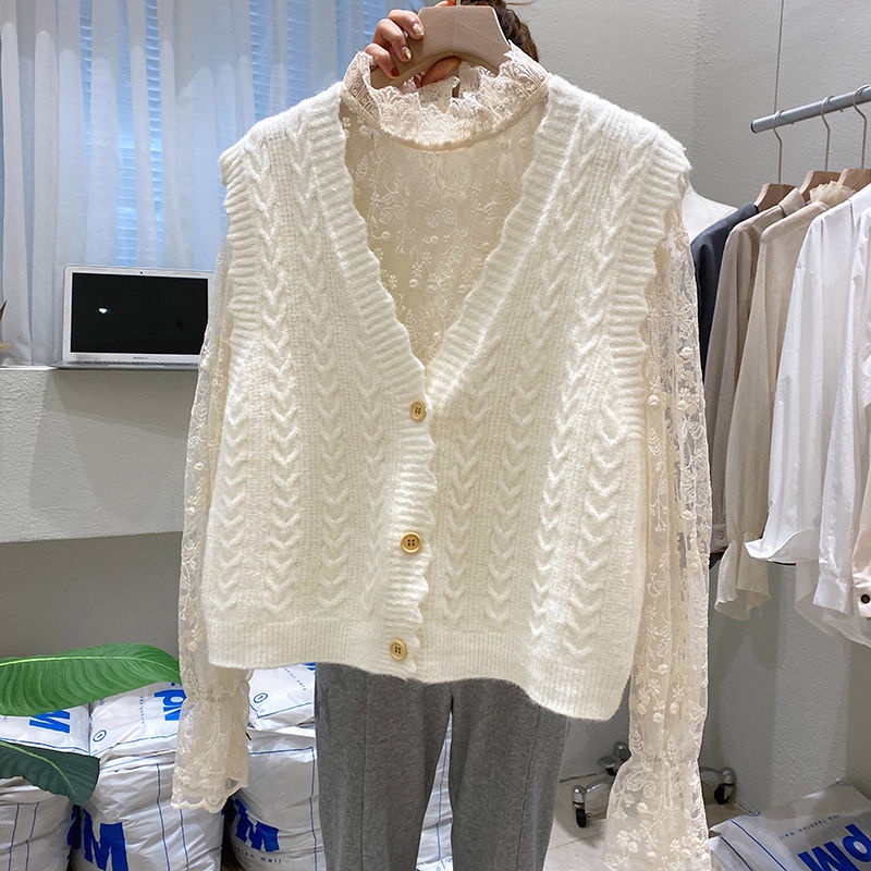 Áo sweater dệt kim cổ chữ v phối ren dễ phối đồ cho nữ