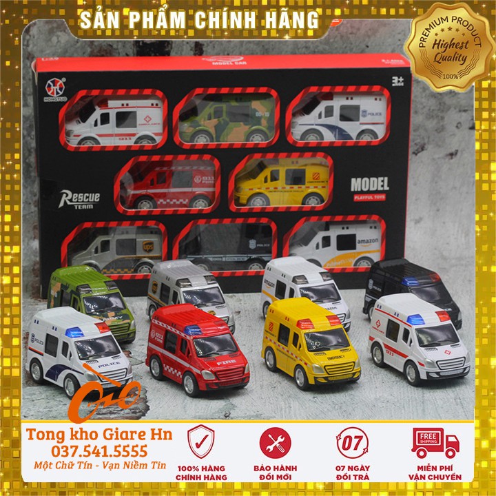 Đồ chơi xe cứu thương, Bộ 8 xe cứu thương, Chất liệu kim loại, chạy cót kéo - thả Hàng luôn có sẵn
