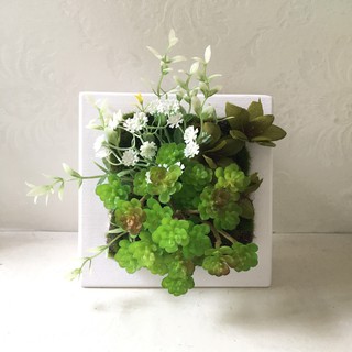 Hoa giả- Khung tranh cây sen đá giả, cây giả treo tường cỡ 15x15