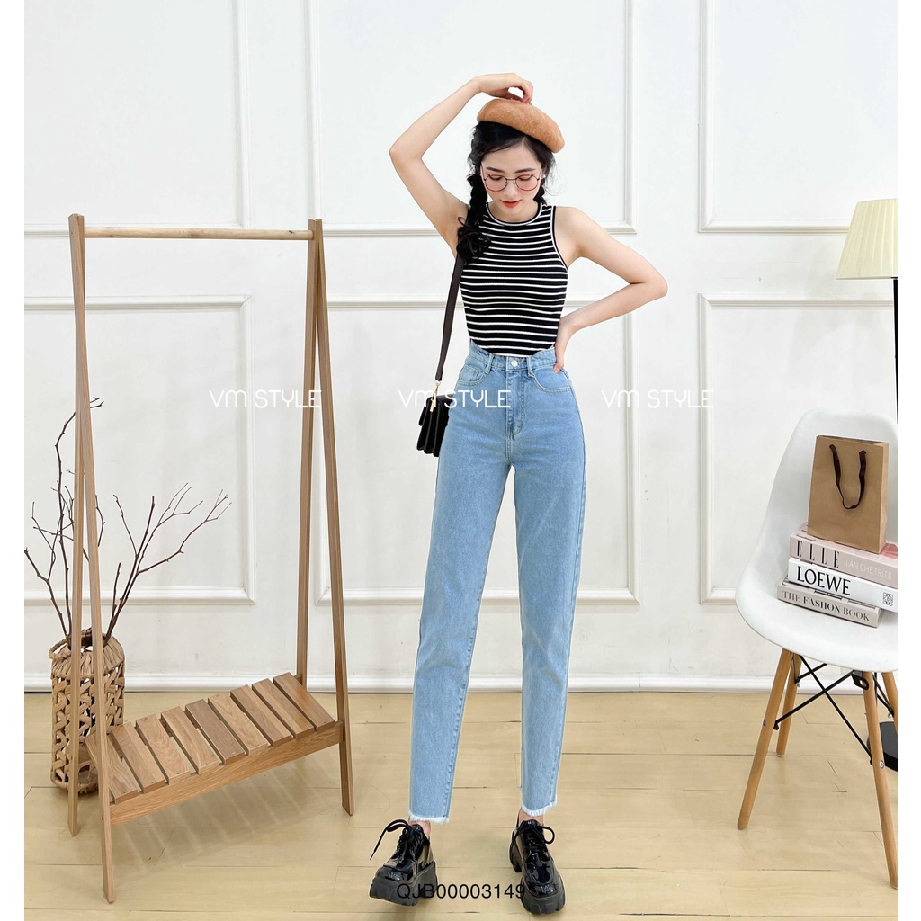 Quần jean nữ baggy VM Shop xanh trơn lua tua  QJB00003