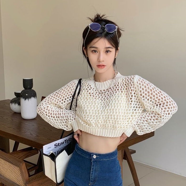 Áo Croptop lưới len mỏng phi hành đoàn rỗng dài tay dệt kim phụ nữ