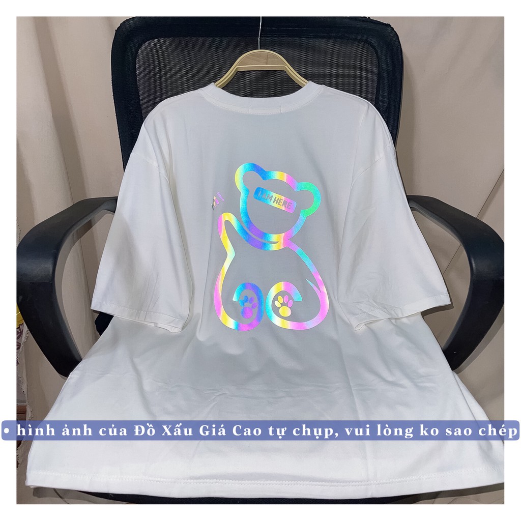 Áo thun trắng phản quang hình gấu. Áo Unisex from rộng tay lỡ chất vải cotton dày dặn. | BigBuy360 - bigbuy360.vn