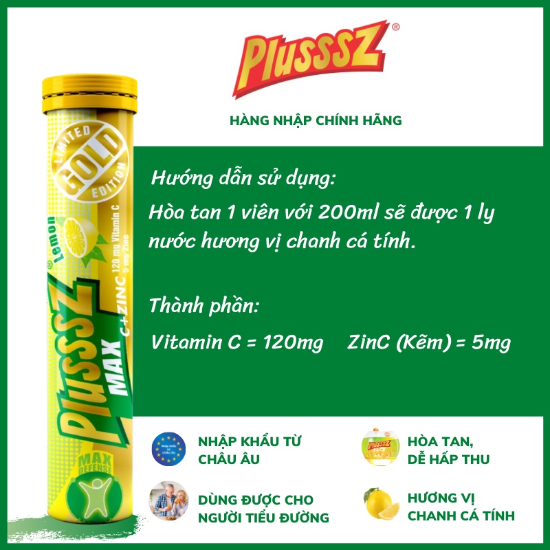 Viên sủi bổ sung vitamin c tăng đề kháng Plussz Max Multi vị Cam + Plusssz Max Vitamin C & ZinC vị chanh