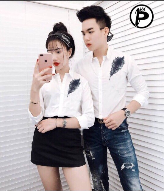 Áo sơ mi cặp thời trang họa tiết 1 chiếc lá