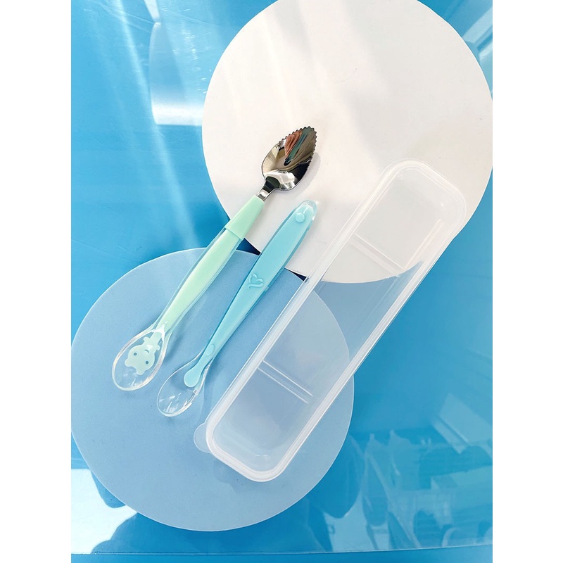 Thìa muỗng nạo 2 đầu silicon và inox nạo nhỏ hoa quả có Hộp đựng cho bé ăn dặm