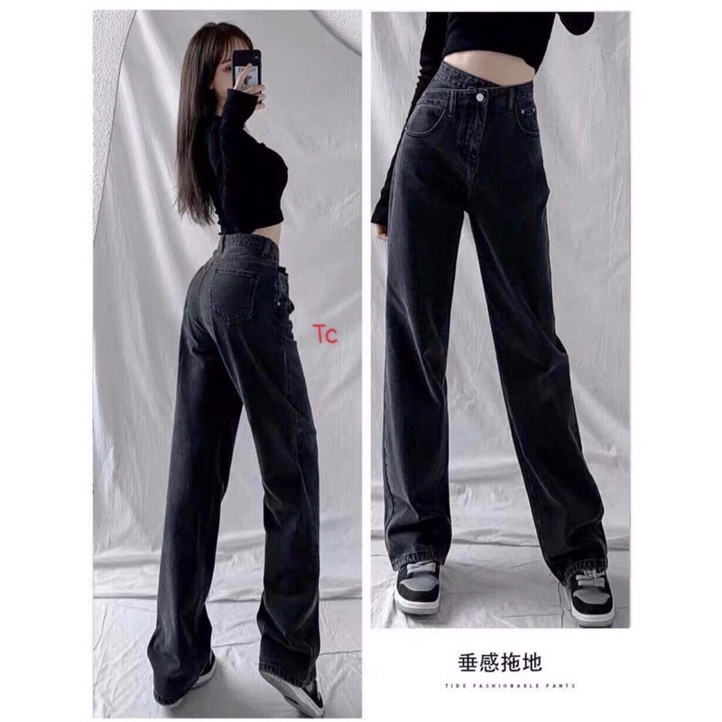 Quần jean ống rộng lưng lệch cá tính, hình thật mẫu mặc