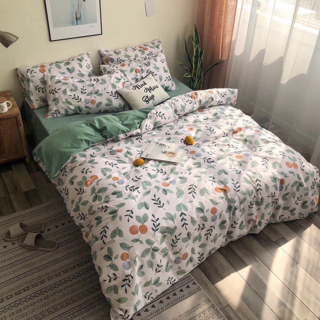 Bộ Chăn Ga Gối Cotton Poly Hoa Xanh