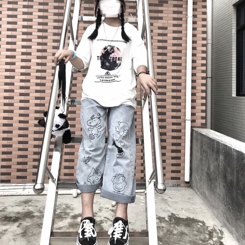 Quần jeans ống suông rộng hoạ tiết hoạt hình Phong cách Ulzzang Hàn Quốc