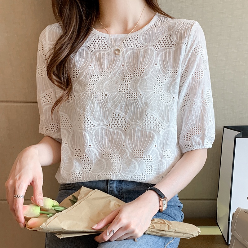 Áo Kiểu Tay Ngắn Phồng Cổ Tròn Thêu Họa Tiết Chất Liệu Cotton Thời Trang Mùa Hè Cho Nữ
