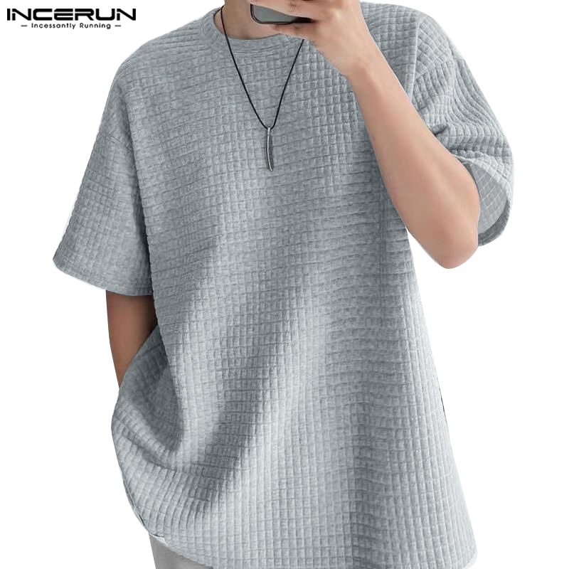 Áo thun INCERUN tay ngắn dáng rộng thoải mái màu trơn thời trang cho nam