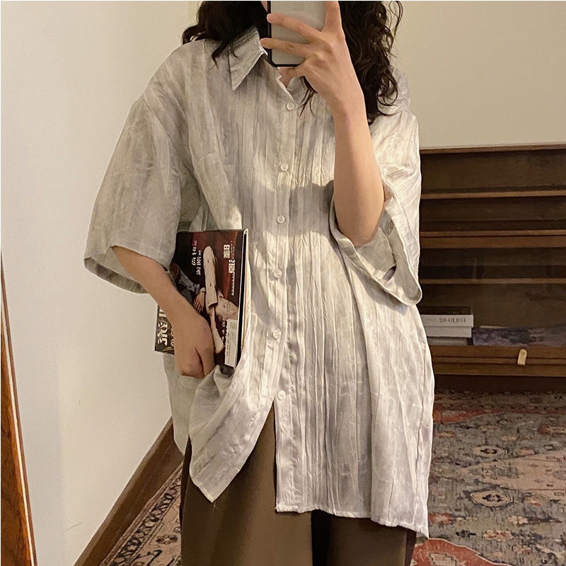 Áo Sơ Mi Tay Ngắn Nhuộm Màu Phong Cách Vintage Thời Trang Mùa Hè Cho Nữ