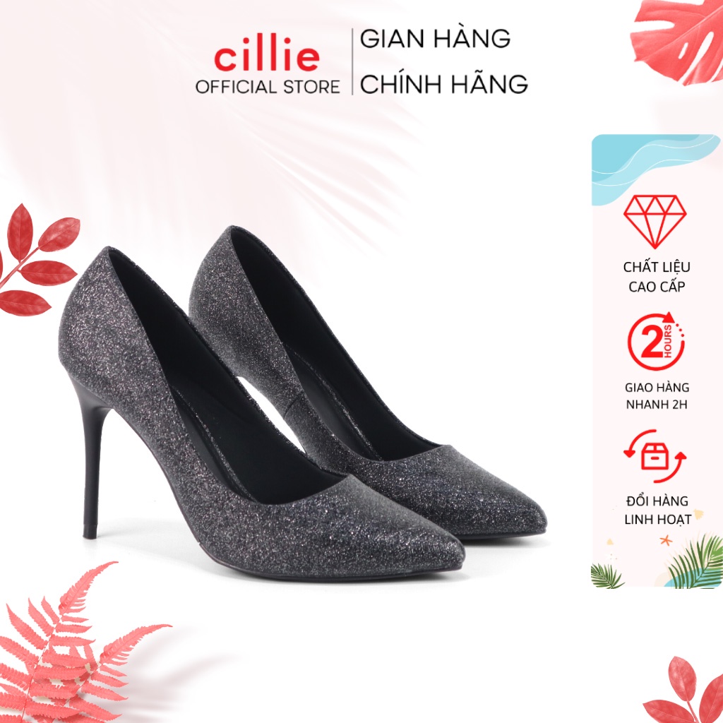 Giày cao gót gót nhọn cao 10cm phối kim tuyến sang trọng Cillie 1233