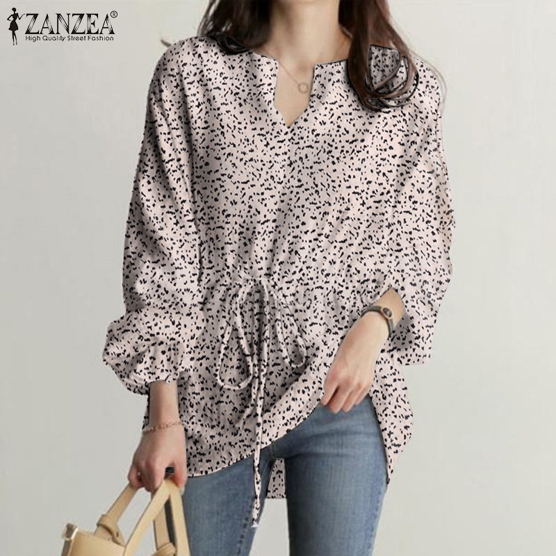 Áo kiểu ZANZEA in họa tiết da báo tay áo loe cổ chữ V cổ tay áo co giãn đơn giản cho nữ