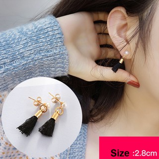 Bông Khuyên Tai Tua Rua Vải Đeo Nụ Basic Màu Đen Phong Cách Hàn Quốc !