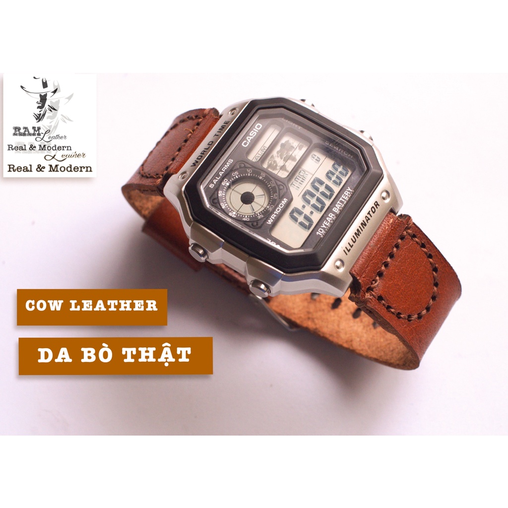 Dây đồng hồ RAM Leather da bò vachetta RAM Leather Simple cho CASIO 1200, AE 1200, 1300, 1100, A159 , A168 , Size 18