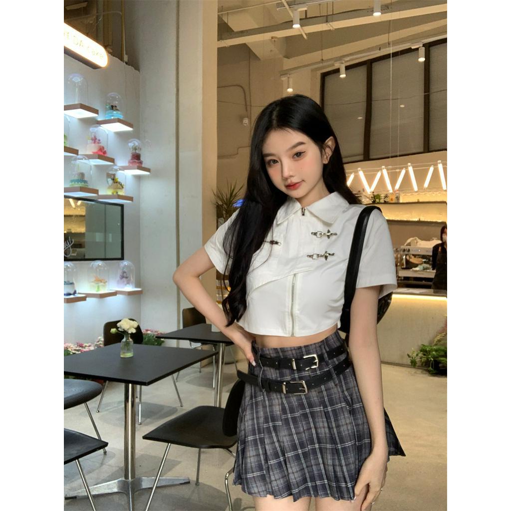 Áo sơ mi croptop Khóa Kim Loại  Zipper ,, Áo Ngắn Áo Sơ Mi Nữ