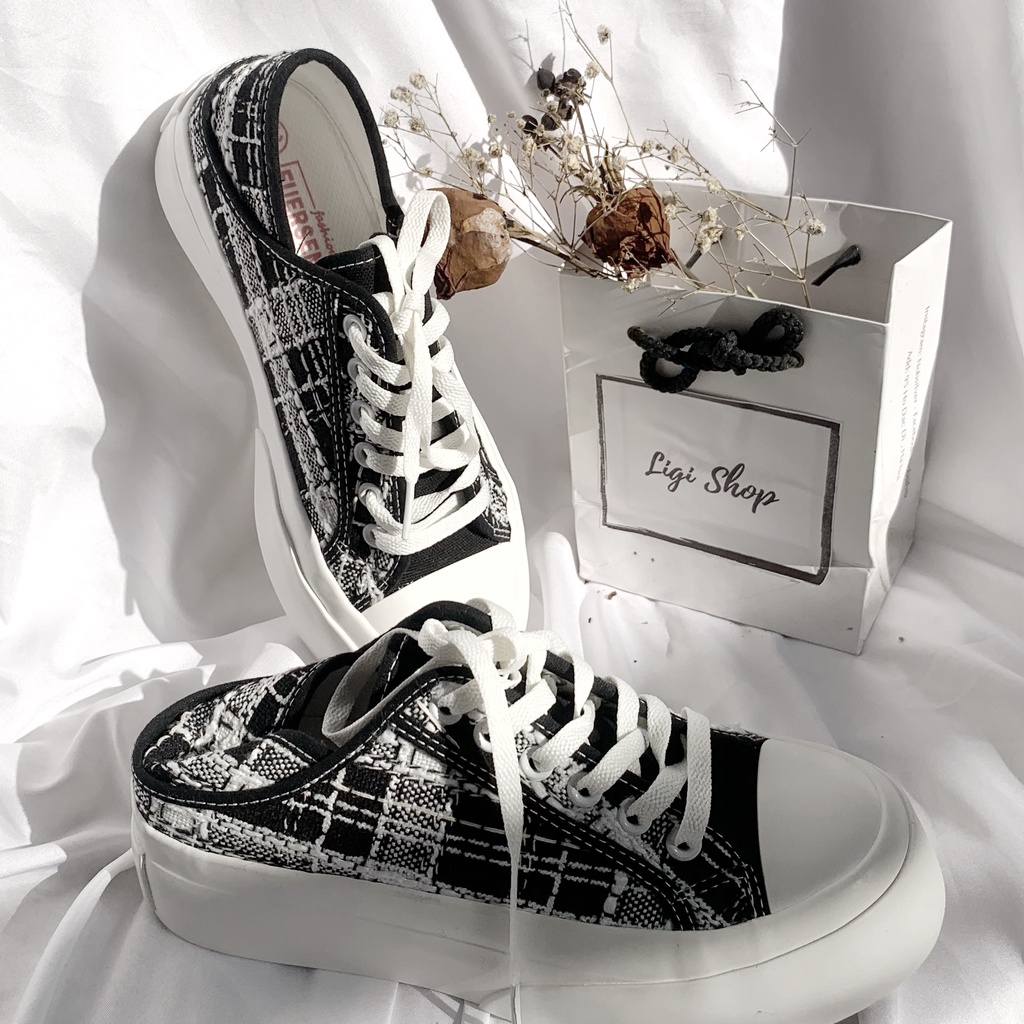 Giày thể thao nữ giẫm gót đế bánh mì, giày sneaker hoạ tiết kẻ cá tính đi được hai kiểu