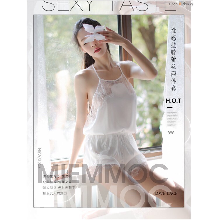 Bộ ngủ lụa satin sexy cổ yếm MOCMIEM SX 7 ( hàng có sẵn- ảnh thật)