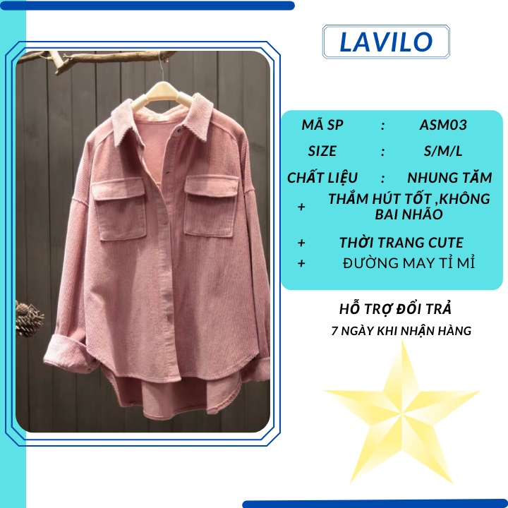 Áo sơ mi nữ form rộng nhung tăm tay dài bigsize khoác ngoài phủ mong mặc nhà công sở đẹp  LAVILO ASM01
