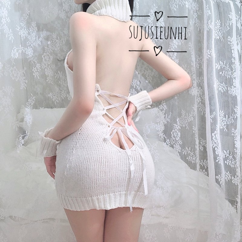 ( 2 màu) Set váy ngủ len khoét ngực buộc dây sexy 2 màu đen trắng