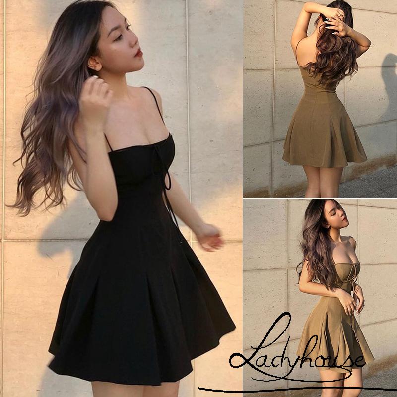 Ld-đầm Hai Dây Spaghetti Màu Trơn Thu Hút Phía Trước Có Thắt Lưng Xếp Ly S/M/L Cho Nữ