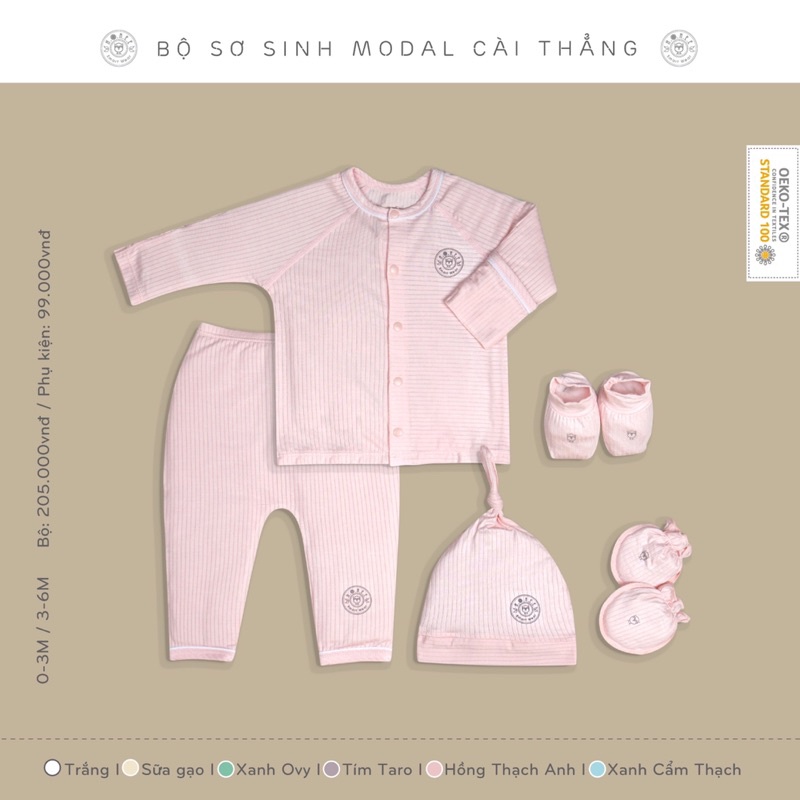 HRNEE chính hãng -  Bộ sơ sinh cài thẳng sợi modal gỗ sồi size 0-3M, 3-6M